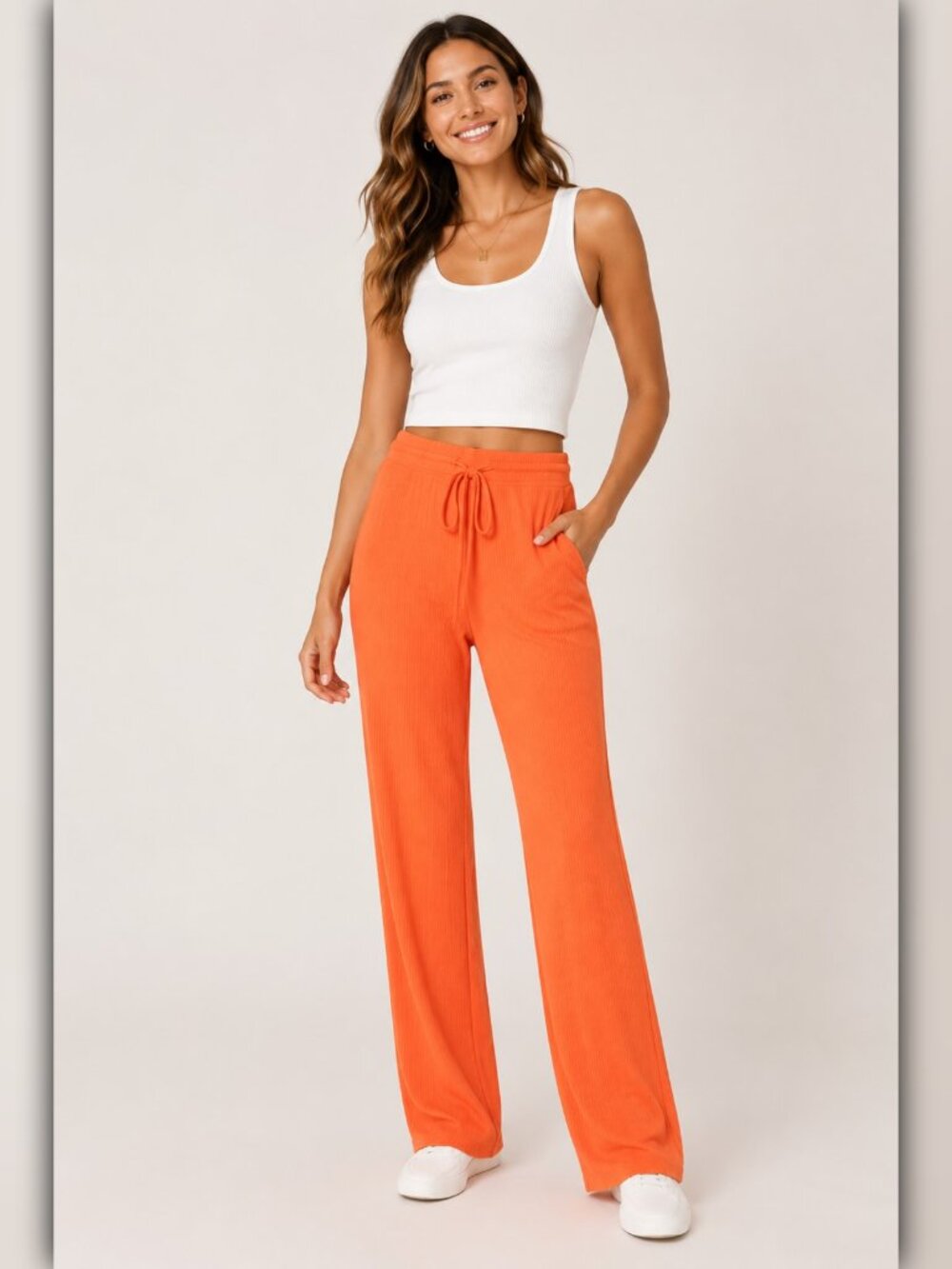 A381 • Sunset Orange Ribbed Wide Leg Drawstring Lounge Pants